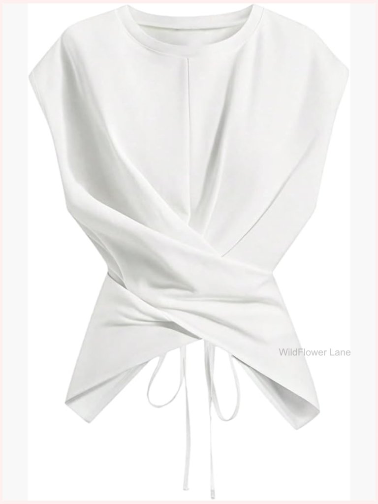 Cinched Waist Wrap Top Cap Sleeve Tie Back Business Casual Blouse